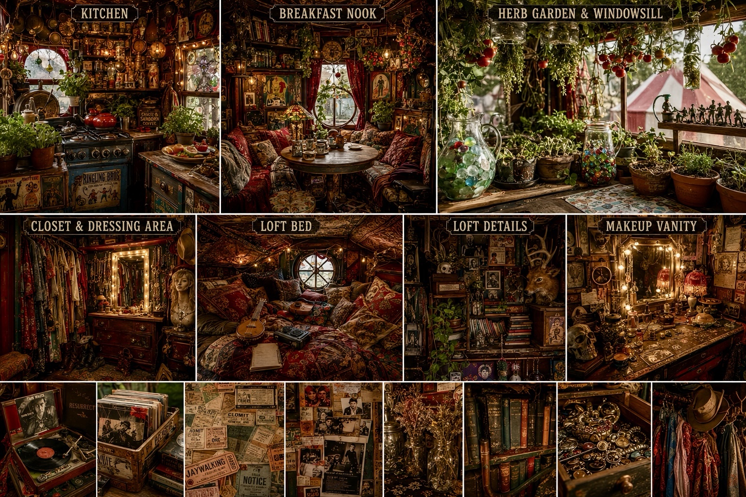 A multi-panel concept map of Wrong Genre Circus locations, pathways, booths, and stages.