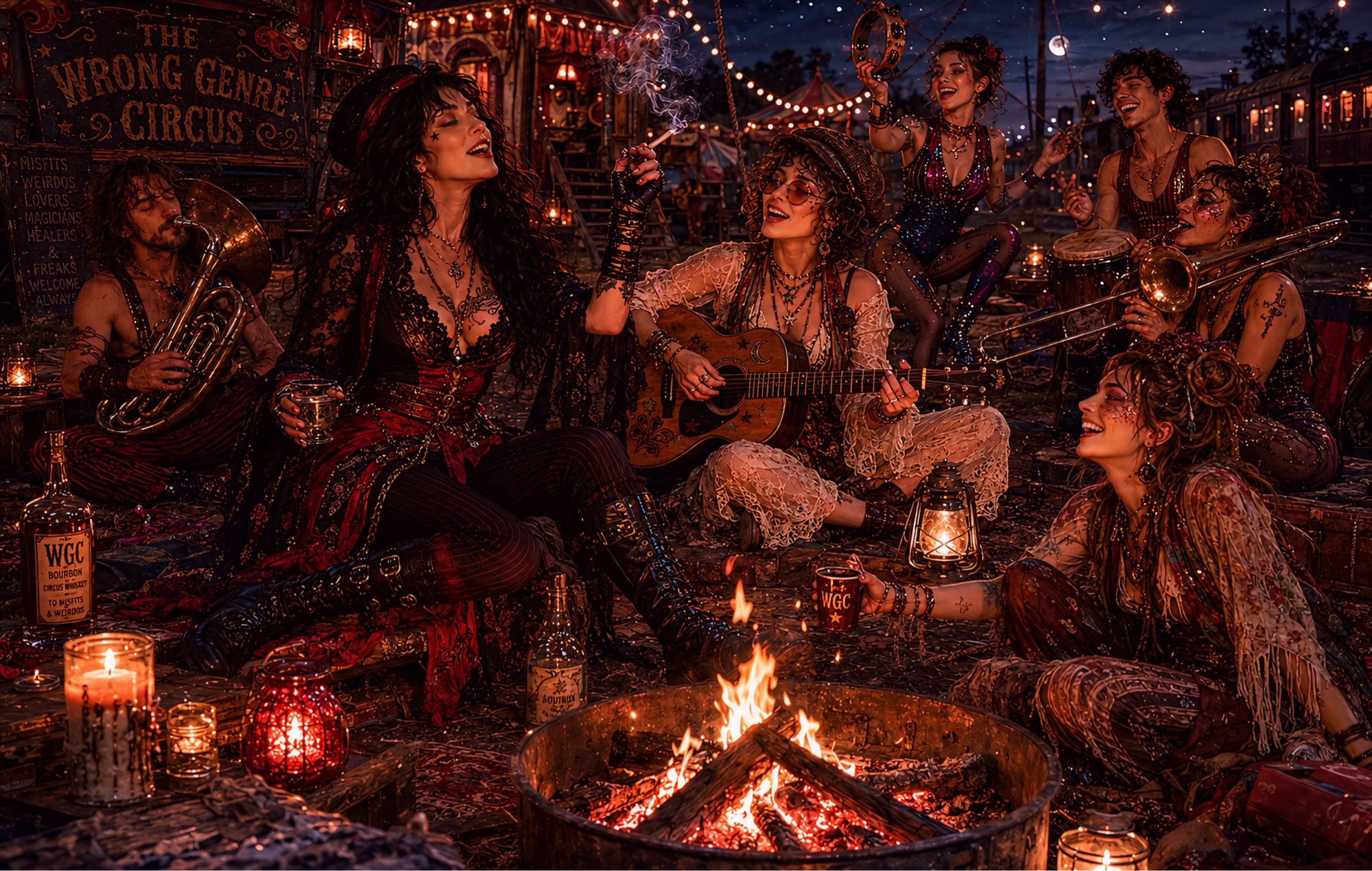 A firelit Wrong Genre Circus gathering with performers and audience members seated around the ring.