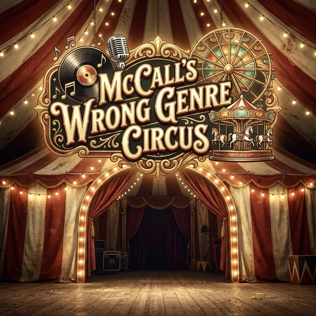 A red-and-gold Wrong Genre Circus tent entrance glowing under carnival lights.