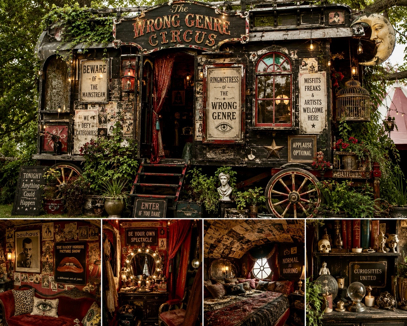 The interior of McCall's private Ringmistress's wagon, layered with costumes, notes, mirrors, and Wrong Genre Circus signs.