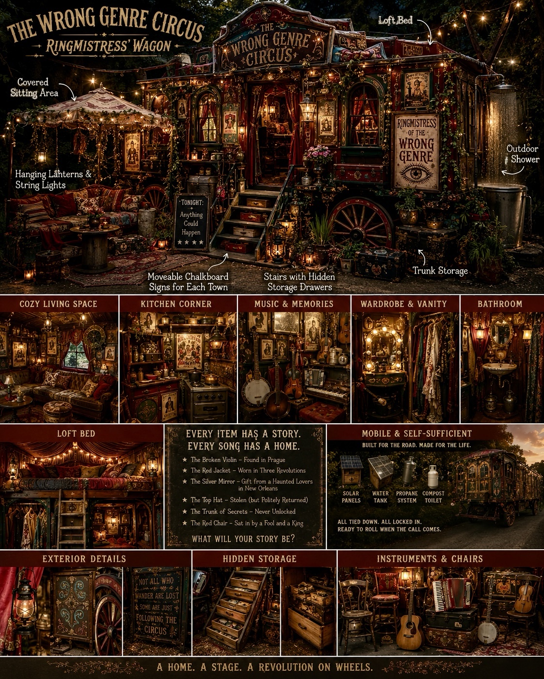 A detailed Wrong Genre Circus world board showing interconnected tents and visual notes.