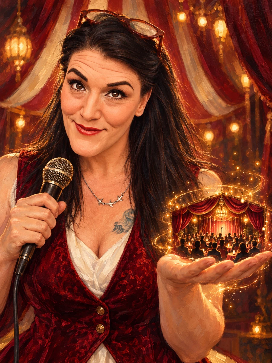 Painterly magical-realism portrait of McCall holding a microphone and a miniature glowing event room