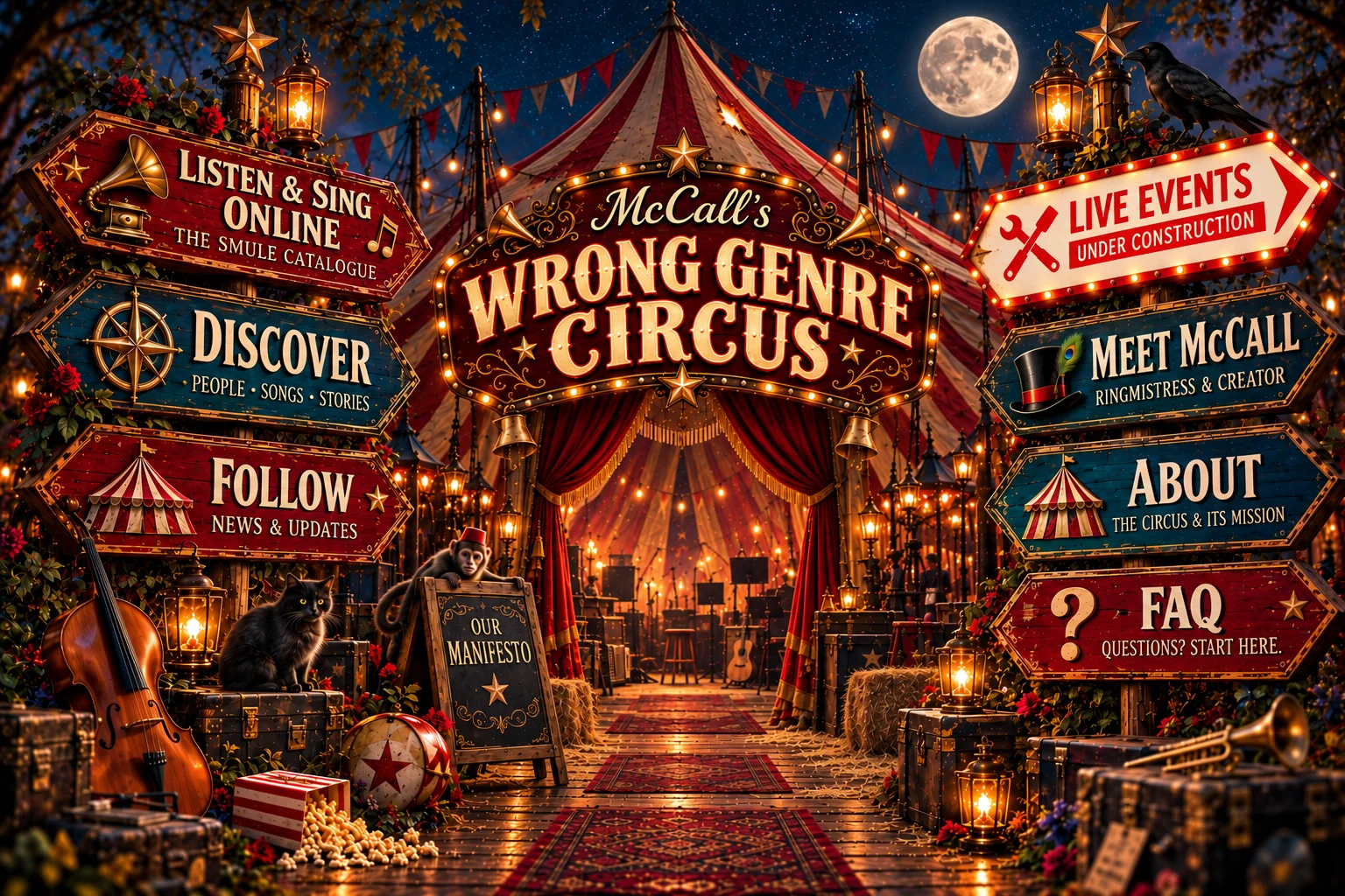 A moonlit red-and-white circus tent, weathered signposts, a crow, black cat, hidden monkey, and Our Manifesto board.