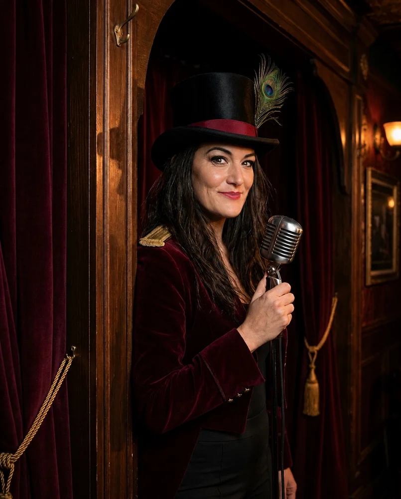 McCall, the Ringmistress, curator and guide of the Wrong Genre Circus, in ringmaster regalia holding a vintage microphone.
