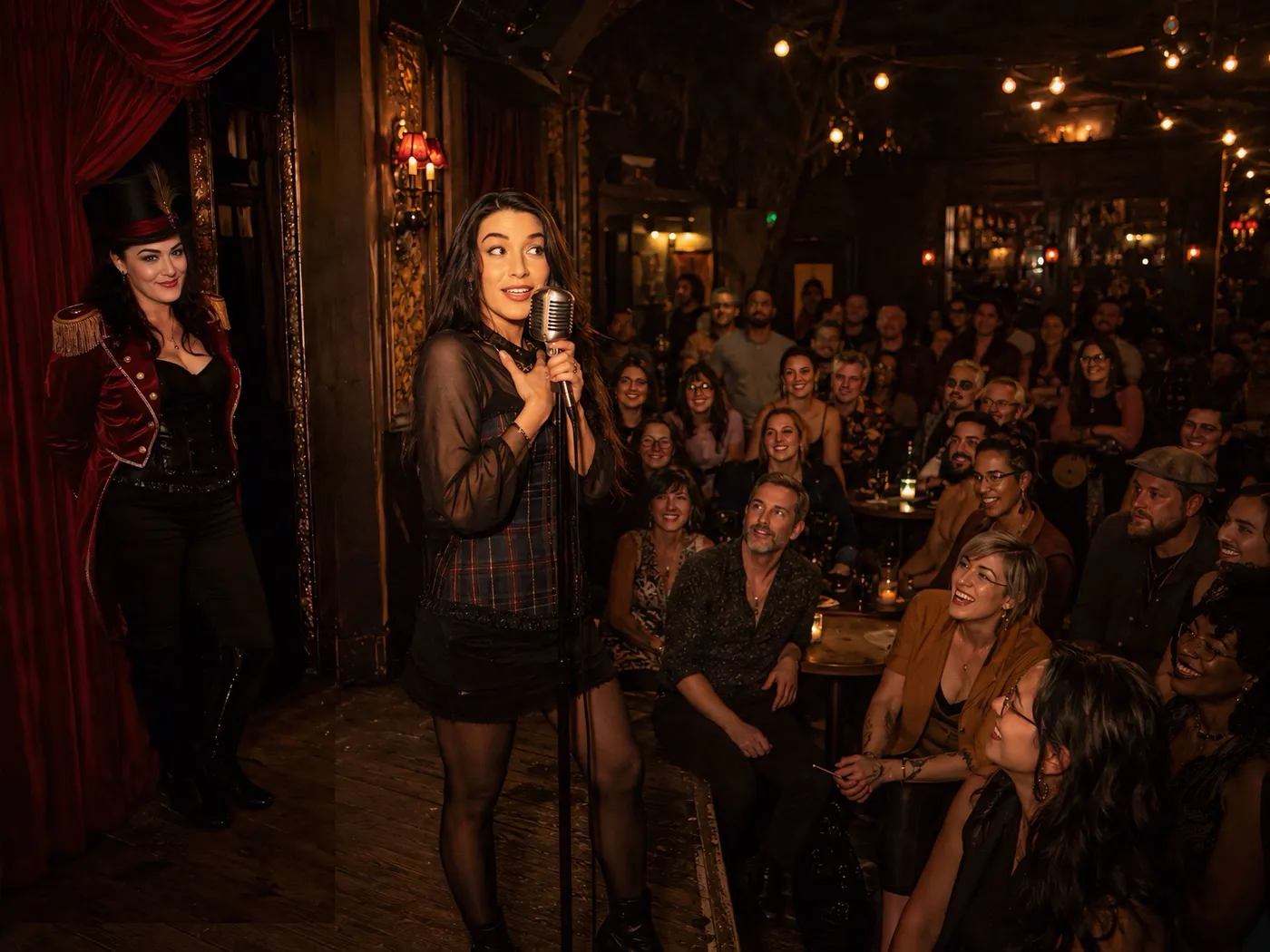 A singer meets her song at the microphone in a candlelit club.