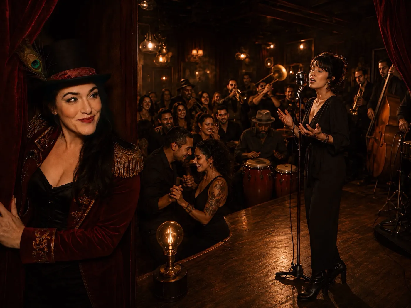 A live performance: singer, band, and a couple dancing at the reveal.