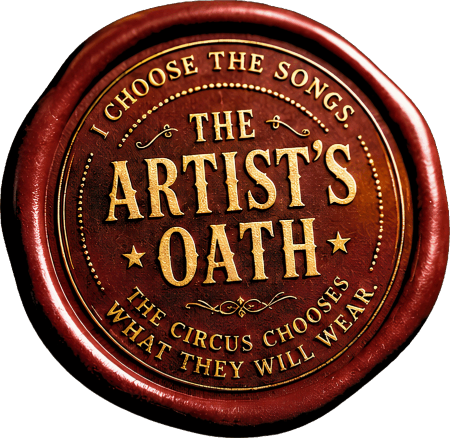 Red wax seal of the Artist's Oath: I choose the songs. The circus chooses what they will wear.
