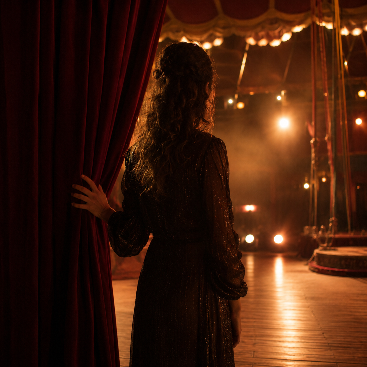 A singer standing at the edge of the stage curtain, facing the lit circus ring