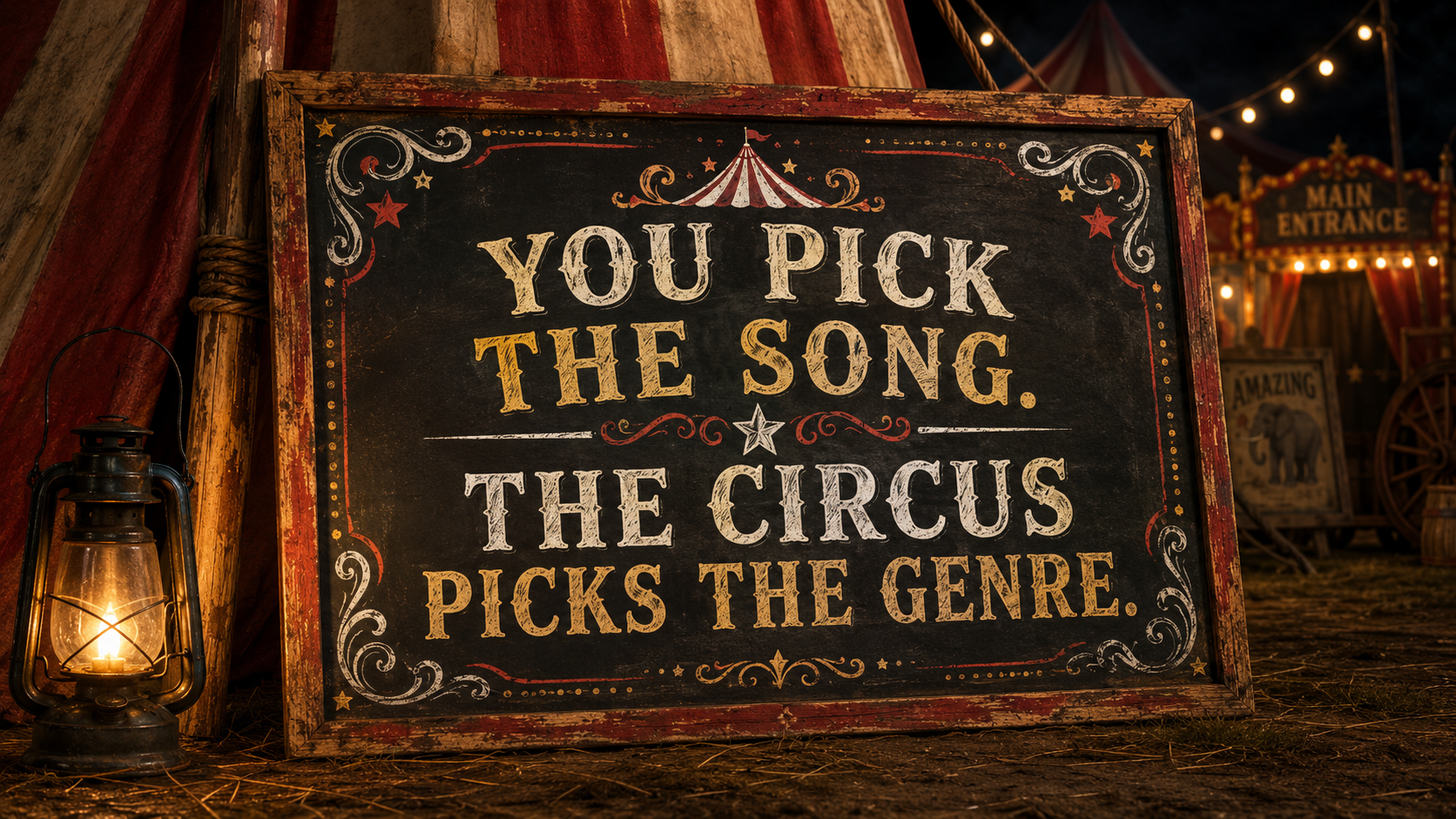 A circus chalkboard sign reading: You Pick the Song. The Circus Picks the Genre.