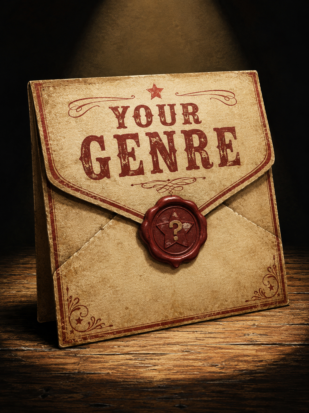 A sealed envelope stamped 'Your Genre' with a red wax star seal bearing a question mark