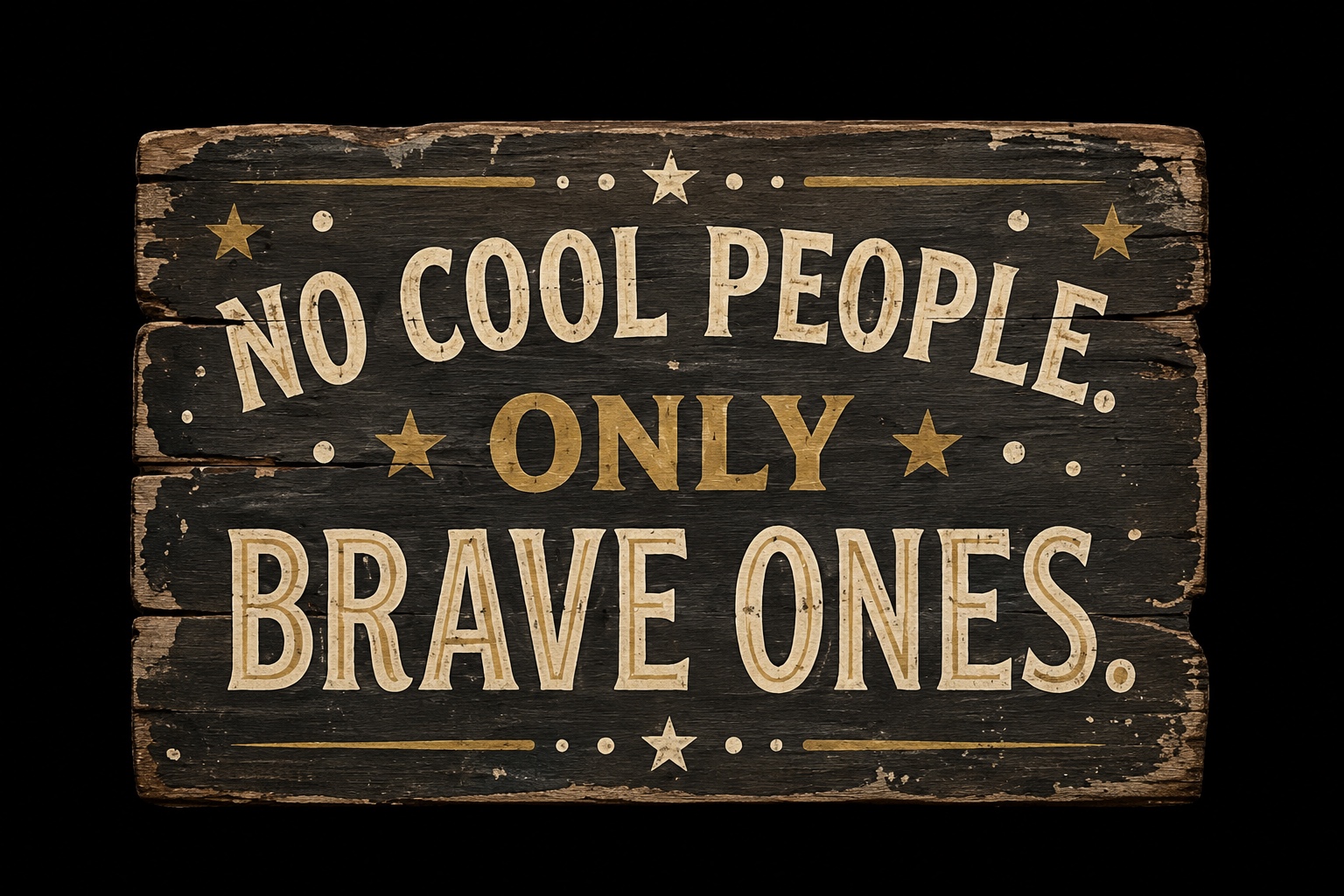 A weathered wood sign reading: No Cool People. Only Brave Ones.