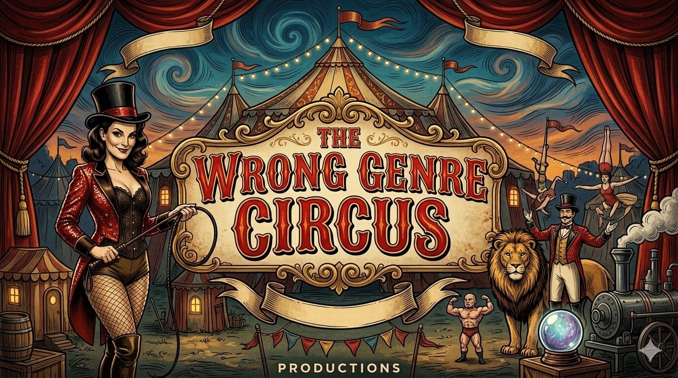 A wide illustrated Wrong Genre Circus front gate banner with McCall as Ringmistress and the correctly spelled Wrong Genre Circus sign.