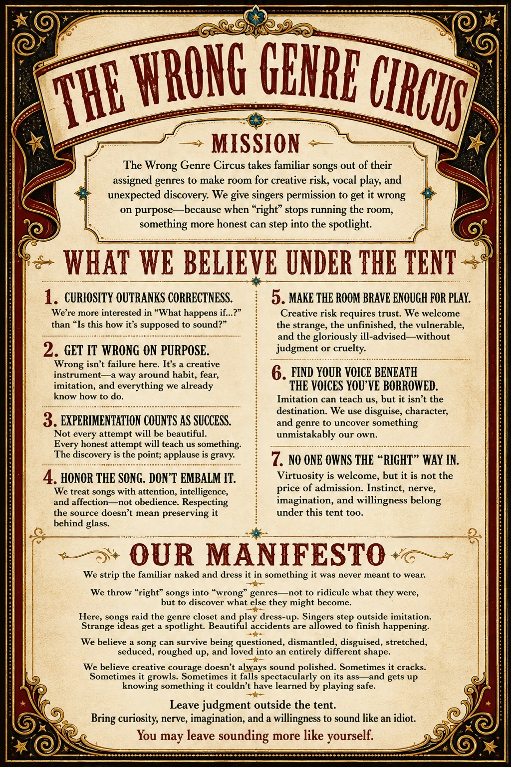 The Wrong Genre Circus Mission and Manifesto poster. The same words are printed as readable text below.
